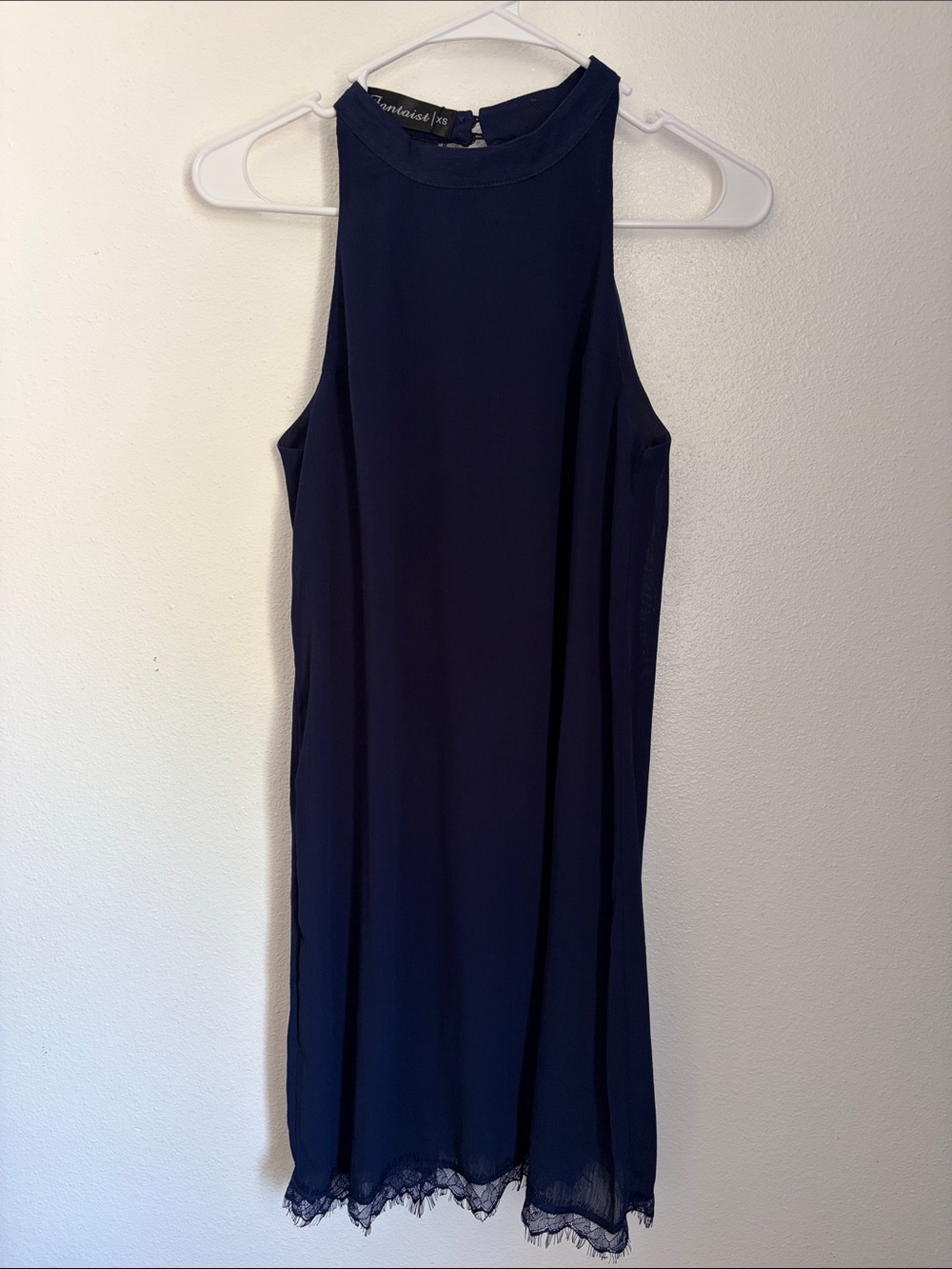 High-Neck Navy Mini Dress with Lace Hem